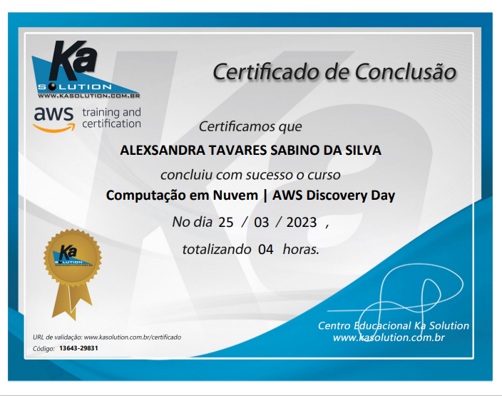 Certificado Computação em Nuvem - Ka Solution